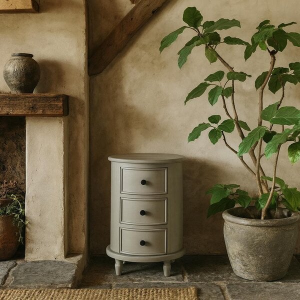Wyld Haus Thuy Grey Wood Round 3 Drawer Console Table