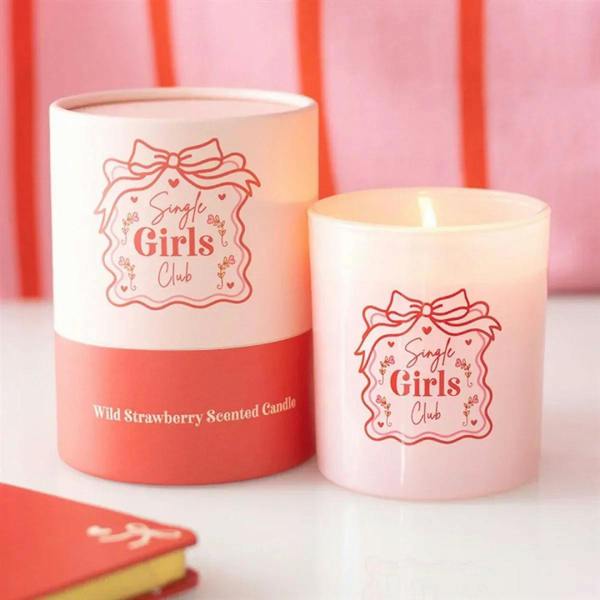 Pink and white “Single Girls Club” scented candle, wild strawberry