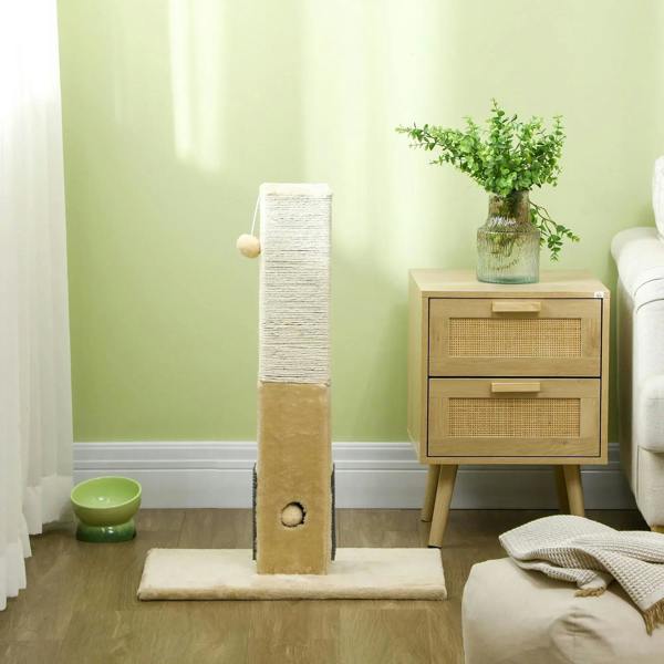 Beige jute cat scratching post with carpet base in a room setting