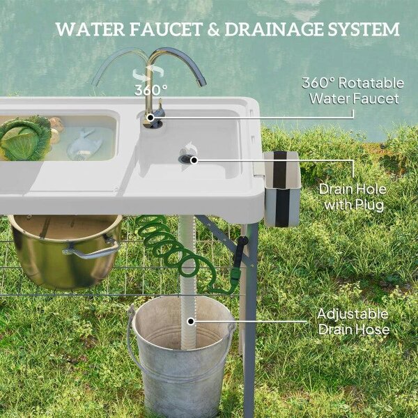 Folding Fish Cleaning Table with Sinks, Portable Camping Sink Table with Faucet, Drainage Hose