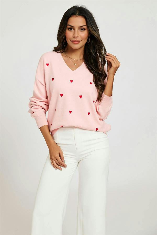 FS Collection Embroidery Red Heart V Neck Jumper In Milk Pink