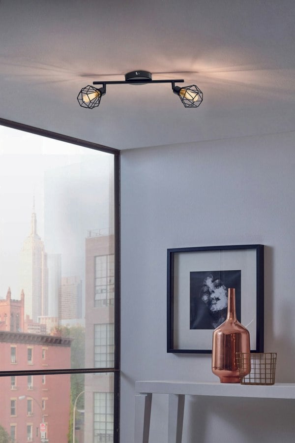 Flush 2 Spot Ceiling Light Colour Black Steel Shade Amber Glass Bulb G9 2x3W Loops