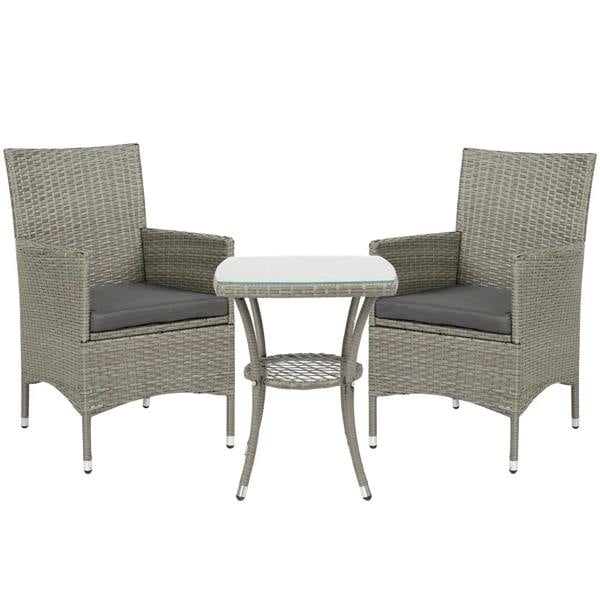 Grey 3-piece rattan bistro set with two cushioned chairs and a small table