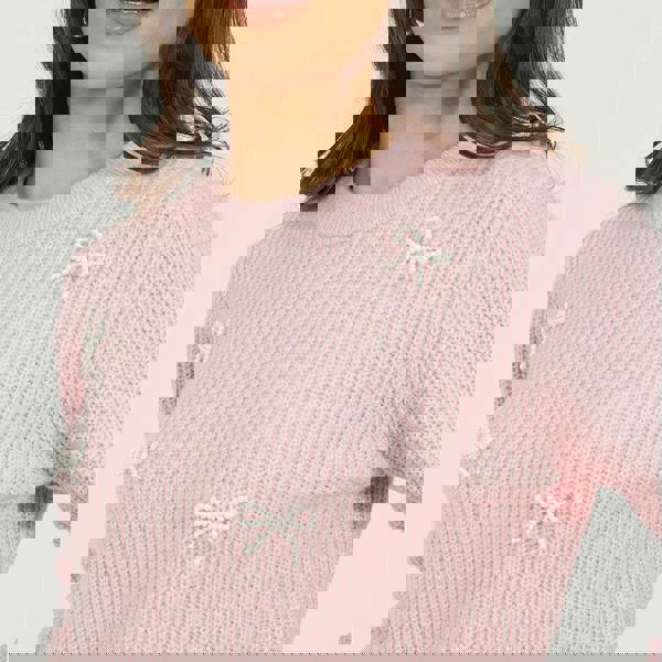 Brave Soul Pink Crew Neck Jumper With Jewel Bow Detail - Pink Image 4