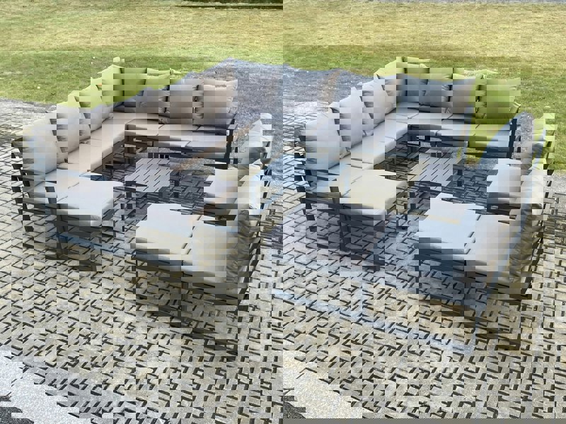 Fimous 11 Seater Patio Outdoor Garden Furniture Aluminium Lounge Corner Sofa Set with Square Coffee Table with 2 Big Footstools Dark Grey