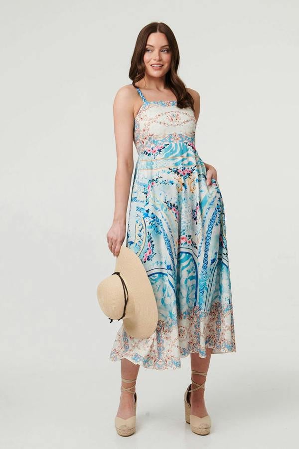 Blue | Border Print Wide Strap Midi Sun Dress