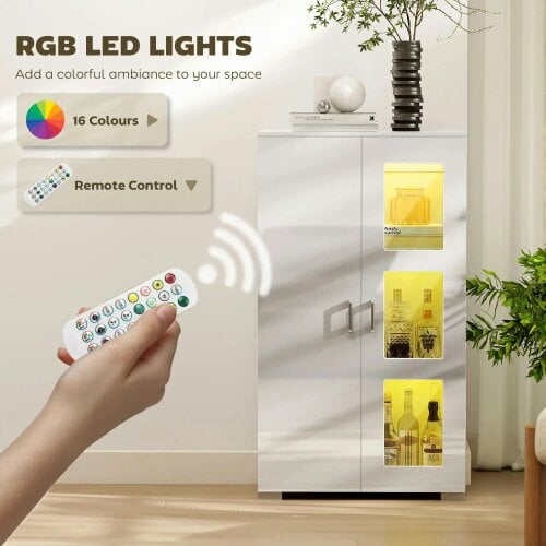 Bobobiy High Gloss Sideboard, Display Cabinet with 16-Colour RGB LED Lights and Remote Control, White