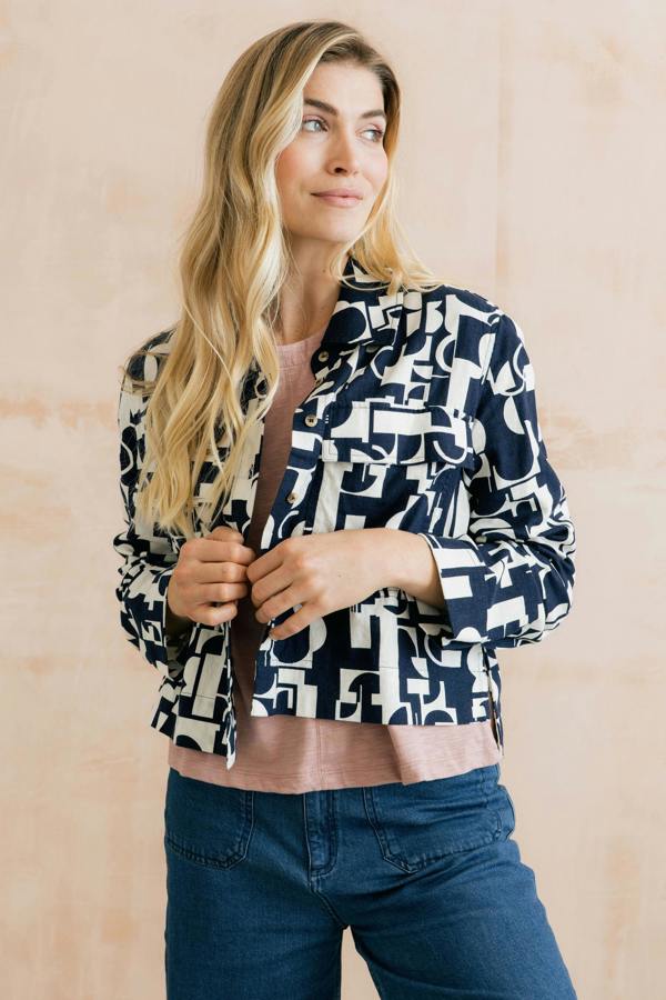 Lily & Me Grasslands Linen Blend Geo Print Jacket Navy