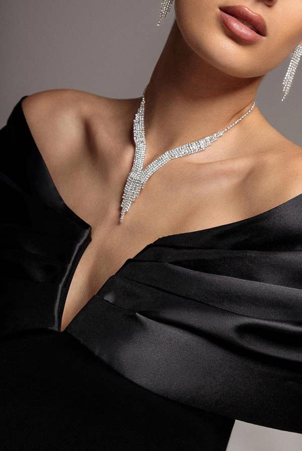 Satin Plunge Neck Bardot Scuba Maxi Dress - Black DR5040