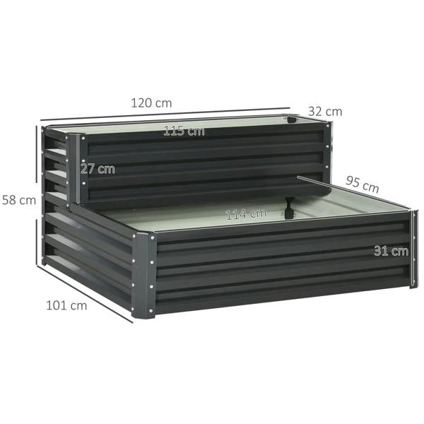 Two-tier raised garden bed in dark grey, open-bottom planter box with dimensions