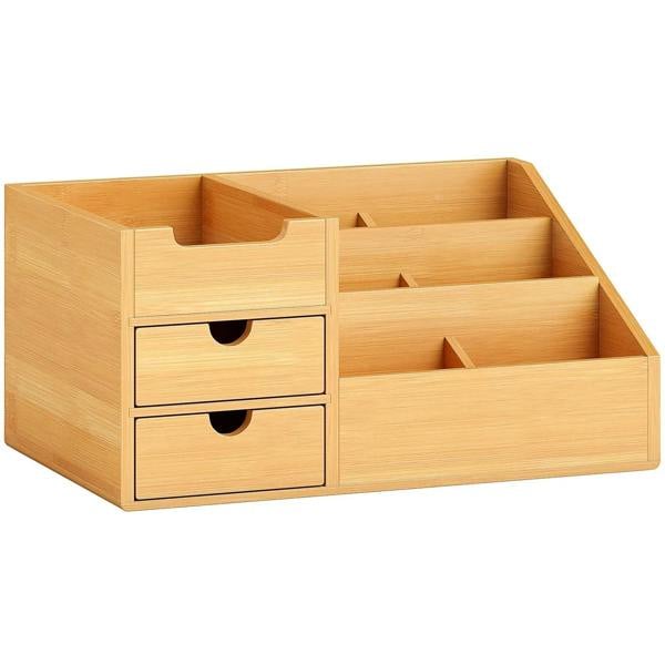 Bamboo desk organizer caddy with two drawers and open pen compartments