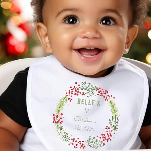 Personalised 1st Christmas Berry Wreath Baby Vest, Babygrow or Bib, Newborn Gift