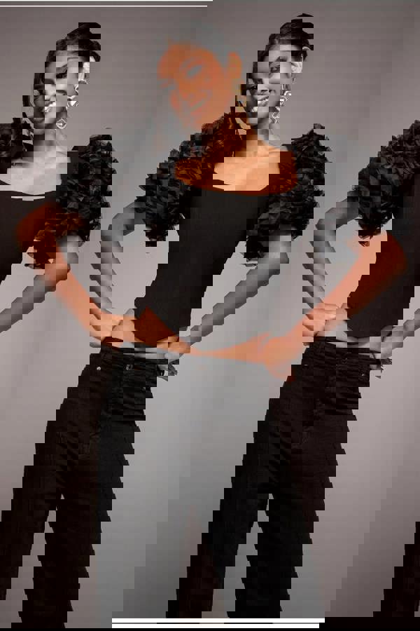 3D Textured Sleeve Scuba Corset Top - Black T235