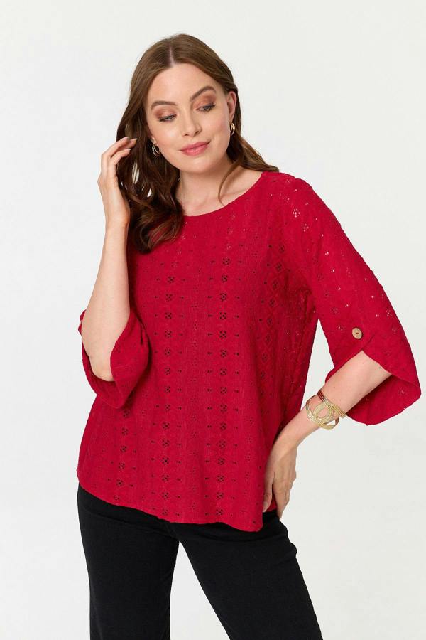 Red | Embroidered Textured 3/4 Sleeve Blouse
