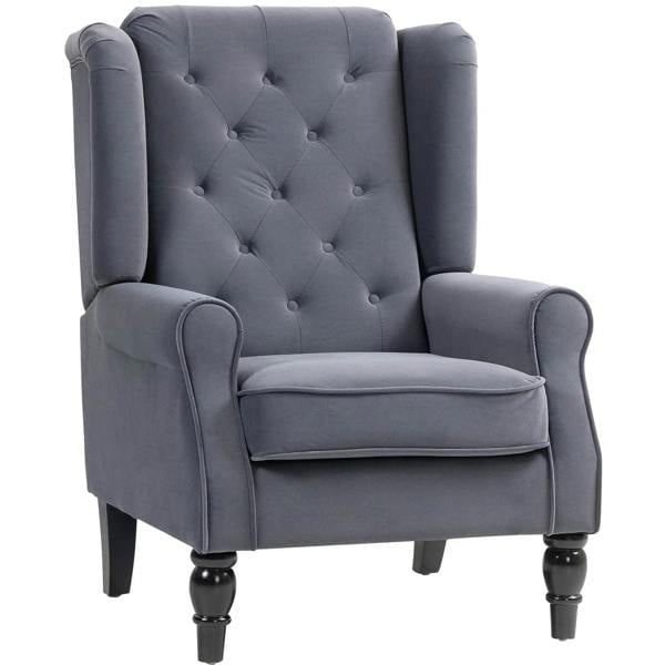 Charcoal grey wingback accent chair with button-tufted back and padded arms