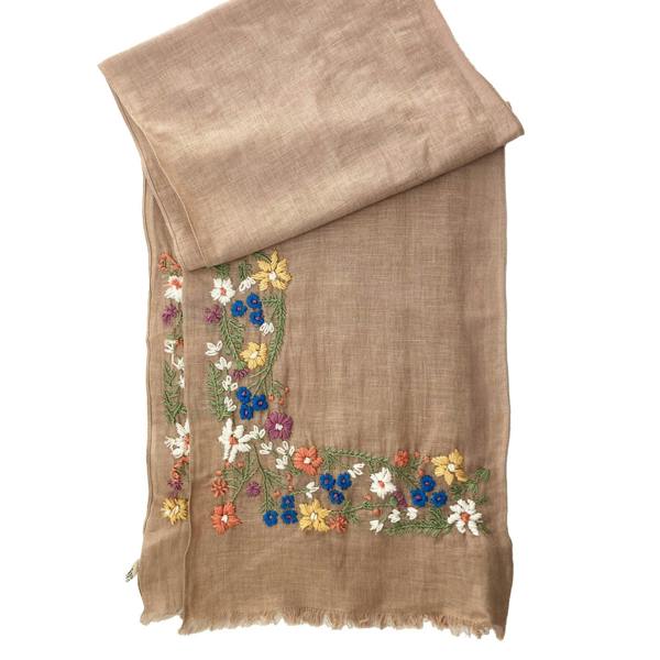 Hayley & Co Hand Embroidered 100% Linen Scarf in Soft Brown Floral