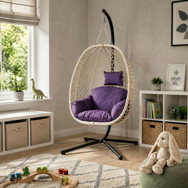 Samuel Alexander Indigo Rattan Hanging Egg Chair with Stand & Cushion for Indoor Use