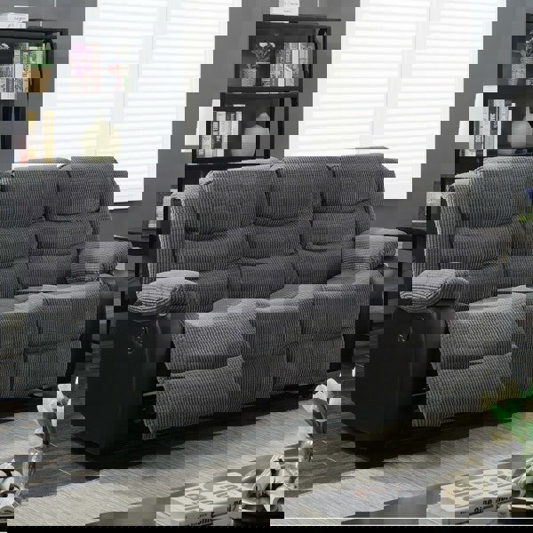 Roma Jumbo Cord with Leather Sofa 3+2 Seater Fabric Recliner Sofa in Grey with Black