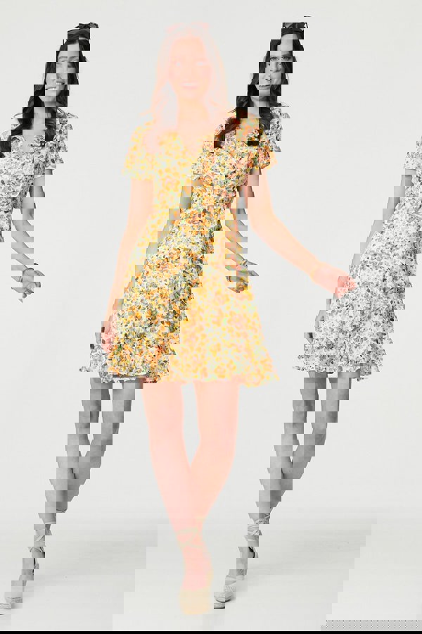 Yellow | Floral Print Ruffle Wrap Dress