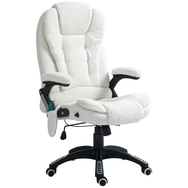 White padded office chair with headrest, curved armrests, and wheeled five-star base