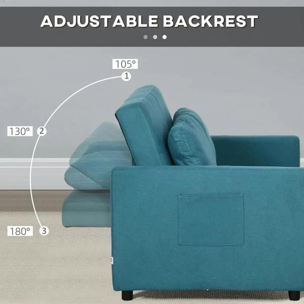 Blue loveseat sofa bed with adjustable backrest and padded armrest