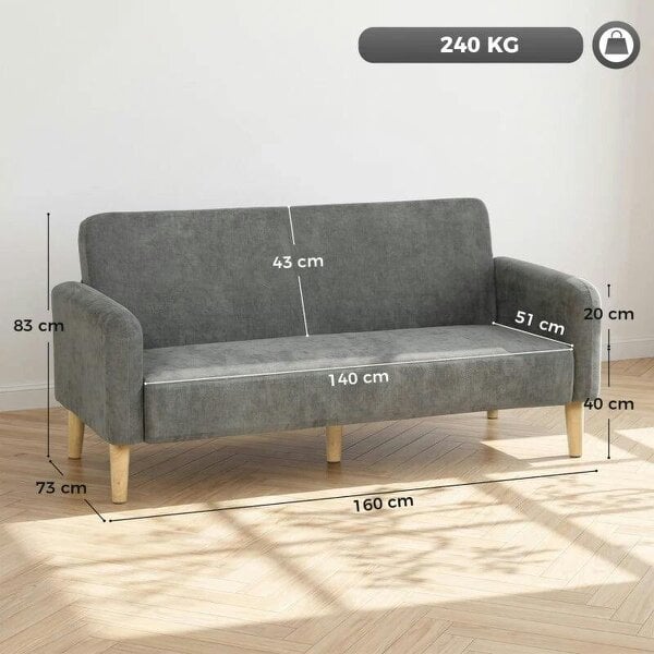 2 Seater Sofa, Velvet Small Couch with 20cm Thick Padding, Wide and Deep Seat, Grey