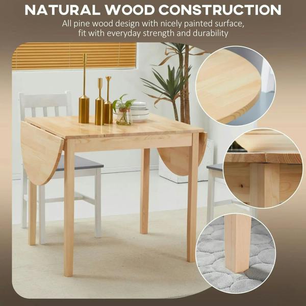 Natural wood drop-leaf table with pine construction and smooth painted surface