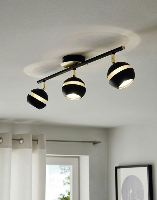 Flush 3 Spot Ceiling Light Colour Black Gold Shade & Back Plate Bulb GU10 3x3.3W Loops