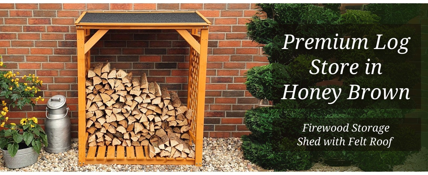 Promex Retail Premium Log Store - Honey Brown Sturdy Wood Rack Firewood Storage Shed with Felt Roof