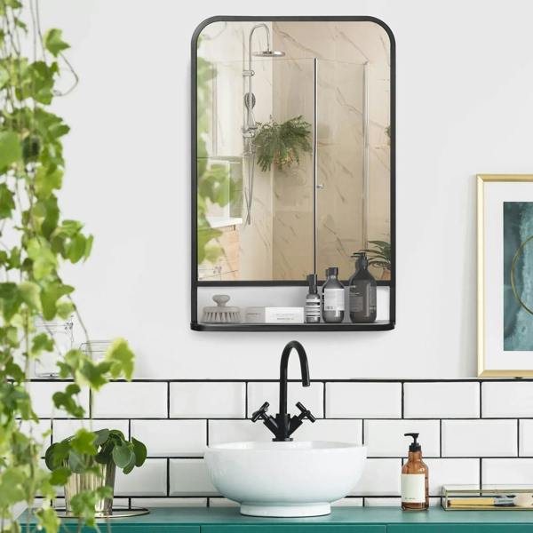 Black wall mirror with storage shelf, rounded corners and clear reflective panel