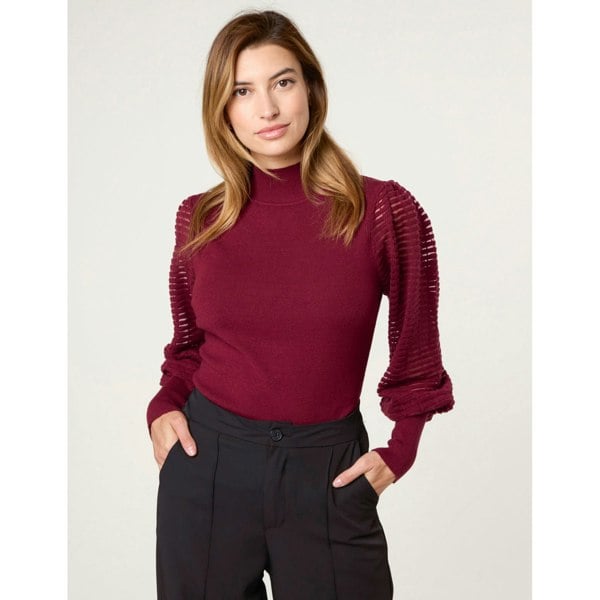 Blue Vanilla Semi-Sheer Mesh Panel Long Sleeve Jumper - Wine