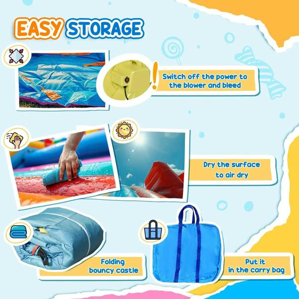 Foldable inflatable bounce castle stored in carry bag with air blower, multi-color