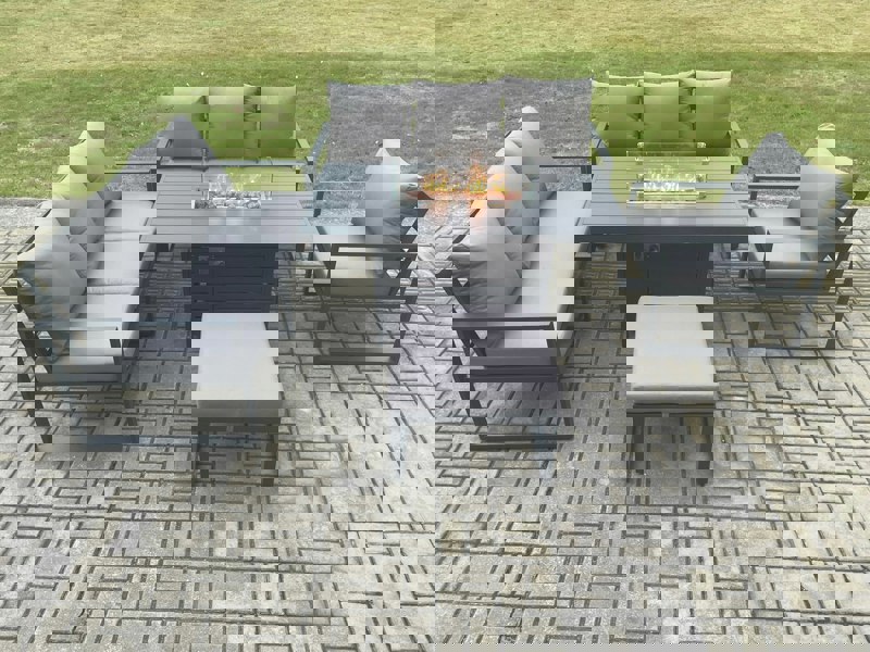 Fimous Aluminium Outdoor Lounge Sofa Garden Furniture Sets Gas Fire Pit Dining Table Set with Arm Chair Big Footstool Dark Grey