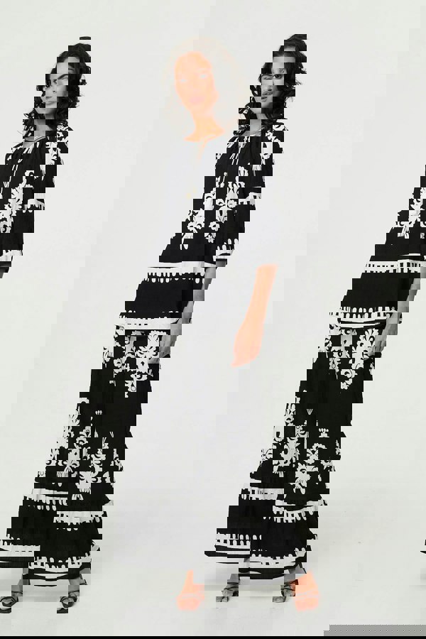 Black | Ikat Print Tassel Tie Neck Blouse
