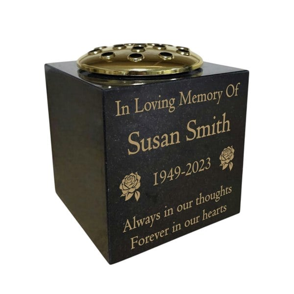 Memorials Direct Granite Memorial Vase- Solid Granite – Free Personalised Gold Engraving, Rose – Includes Metal Flower Pot Insert