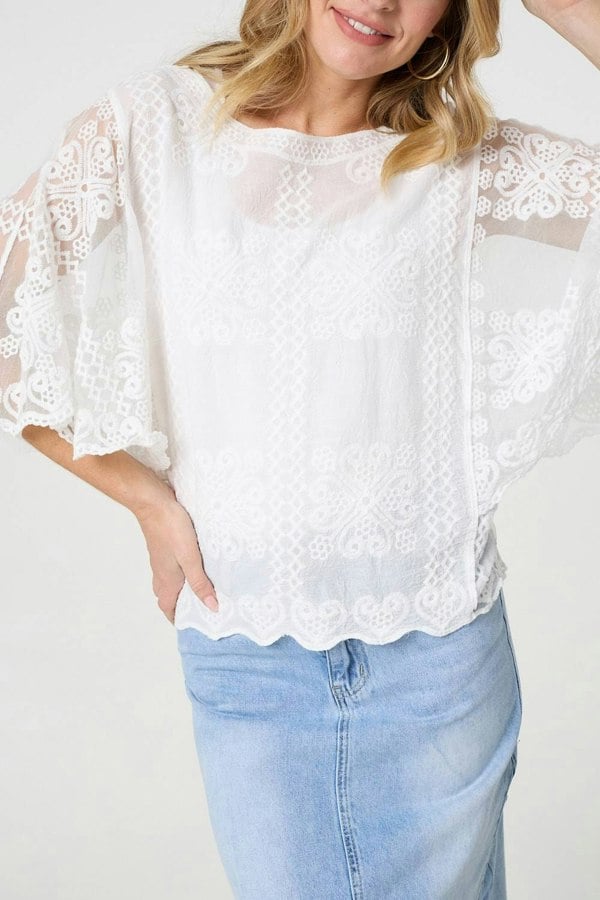 White | Embroidered 3/4 Sleeve Blouse

