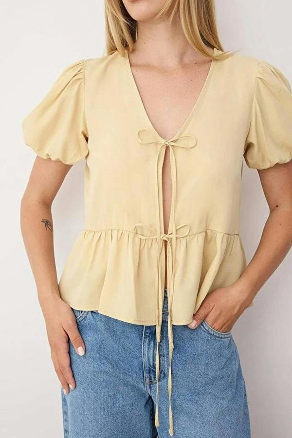 WOVCOR Tie Front V-Neck Short Sleeve Woven Shirt