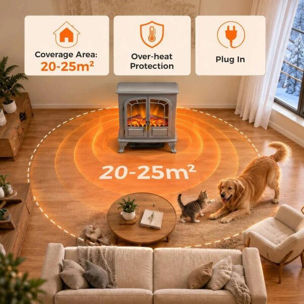 Freestanding Electric Fireplace Stove Heater with LED Fire Flame Effect Grey