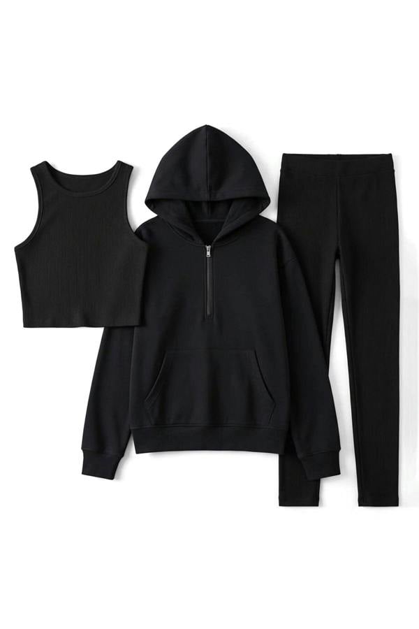 WOVCOR 3-Piece Hooded Knitted Leggings Top and Bottom Set