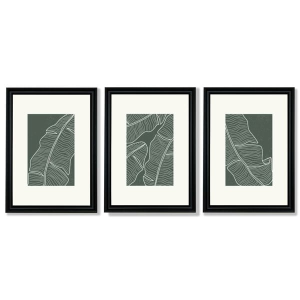 Set of 3 Minimal Green and Cream Botanical Leaves Framed Art Prints with Vermeer Black Frames
