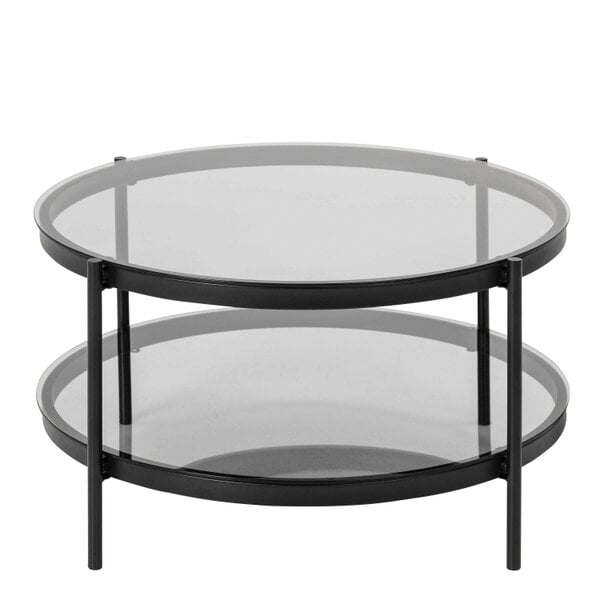 Wyld Haus Featheroak Grey Glass Round Coffee Table Black Metal Legs