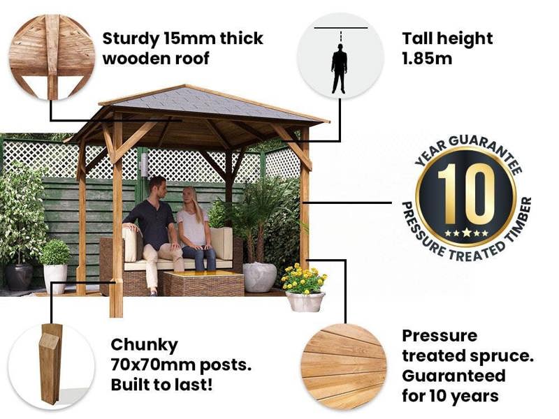 Dunster House Wooden Gazebo, 2m x 2m Heavy Duty Garden Shelter Pressure Treated, Roof Shingles Utopia 200