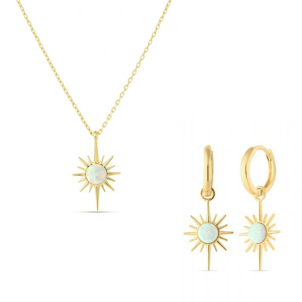 Spero London White Opal Northernstar Sterling Silver Pendant Necklace and Earrings Set