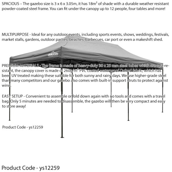 3x6m Pop-Up Gazebo - GREY Heavy Duty Frame & Water Resistant - Garden Pavillion - LoopsDirect
