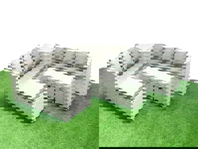 Fimous 9 Seater Garden Outdoor Rattan Furniture Set Rattan Garden Sofa Oblong Coffee Table with 3 Footstools Side Table Light Grey Mixed
