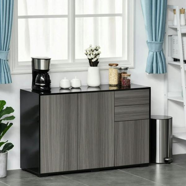 Light grey sideboard cabinet with two doors and drawer fronts on black base, open decor scene