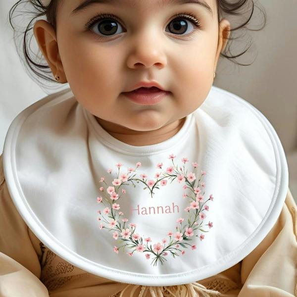 Personalised Pink Floral Heart Baby Grow, Vest or Bib with Name