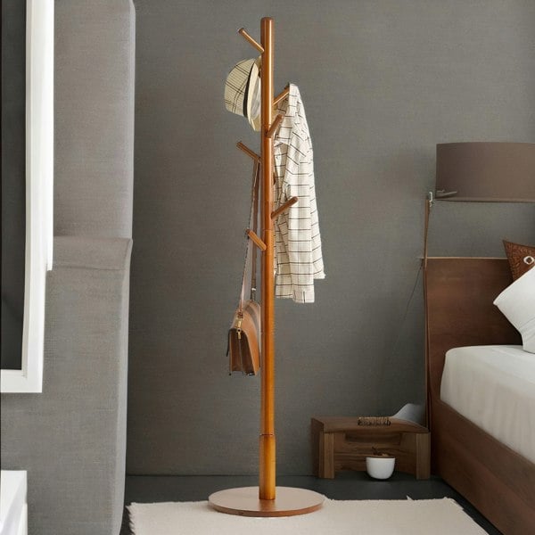 Rafaelo Mobilia Adjustable Wooden 8 Hook Coat Stand With Round Base