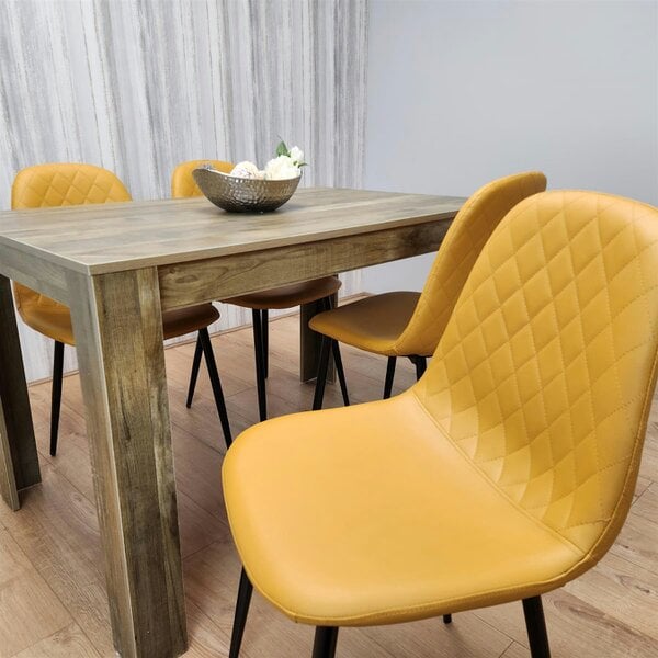 Kosy Koala Dining Table and 4 Chairs Rustic Effect Table with 4 Mustard Gem Patterned Chairs