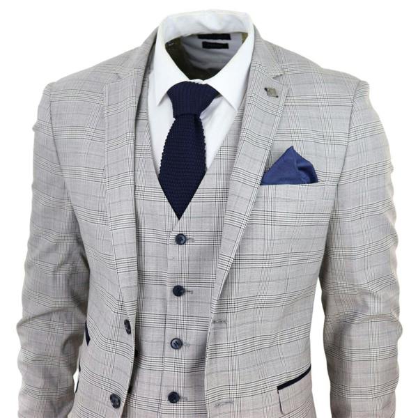Paul Andrew Mens Grey 3 Piece Tan Brown Check Tailored Fit Suit